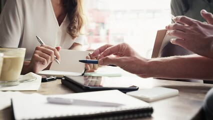 Business people, hands or teamwork with tablet working on documents, writing notes or marketing KPI idea growth in office. Zoom, business meeting or team planning, advertising or innovation strategy