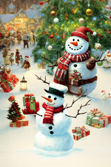 Christmas Backgrounds decoration with snowman in oil painting, Made by AI