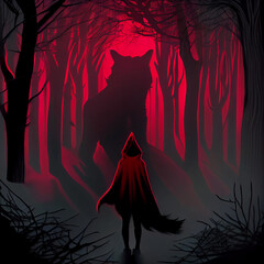 Red Riding Hood and wolf walking in the woods. Wolf swallowed grandmother. Red Riding Hood fairy tale.illustration digital paint.