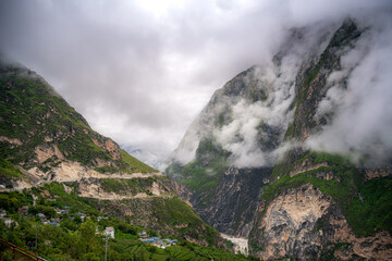 View of a valley at Tiger Leaping Gorge with a scenic canyon on the Jinsha River, Lijiang Yunnan