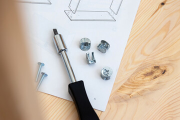 assembling furniture at home, detail of screwdriver and manual with space for text