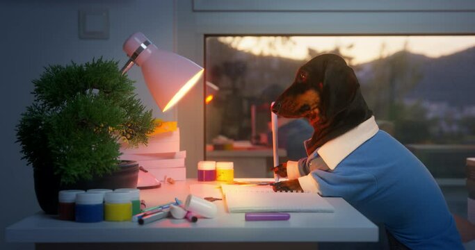 Adorable dachshund puppy in a blue polo shirt is sitting at desk and writing something in notebook, side view. Busy dog is doing school homework or working at home office.