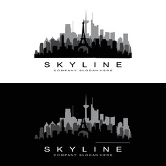 Obraz premium Skyline Logo Design, Cityscape Vector Tall Buildings, City Building Fit Design, Banner Template Construction Company