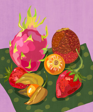 still life with peruvian typical fruits dragon fruit strawberry aguaje goldenberry