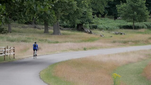 People Cycling On Road Woman Downhill Then Man Uphill In Beautiful Richmond Park Forest Scenery. . Aerobic Exercise On Nature Landmark In London, England. Active And Healthy Lifestyle.