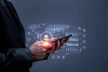 Business people using mobile phone to conduct financial transactions through internet all over the world. Concept of cyber banking services for financial transactions, investments through internet.