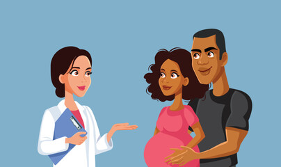 Couple Expecting a Baby Consulting an OB-GYN Doctor Vector Illustration. Obstetrician consulting a pregnant woman offering advice to future parents
