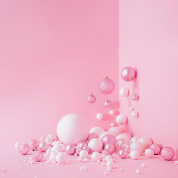 Creative Abstract Festive composition with Christmas design pink pastel color background and pink and white balls Minimal concept of New Year's and Christmas Holidays. Flat lay. © Vidic Bojan