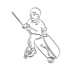 boy sitting on travel luggage illustration vector hand drawn isolated on white background line art.