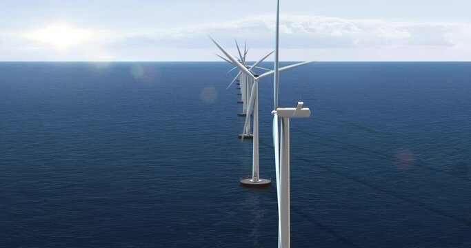 Aerial view of wind turbines generating clean electric energy in the ocean. Technology and energy related 3d concept animation.