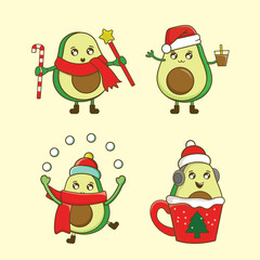 Set of funny avocado merry christmas greeting card vector illustration