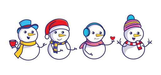 Set of Christmas snowman collection. Vector design for winter and christmas greeting card.
