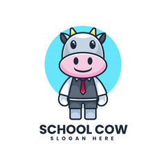 Vector Logo Illustration School Cow Mascot Cartoon Style.
