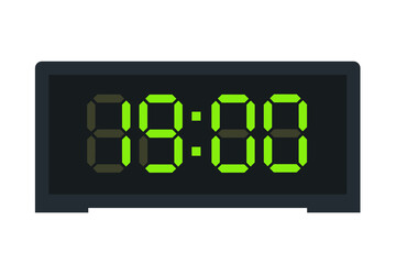 Vector flat illustration of a digital clock displaying 19.00 . Illustration of alarm with led digital number design. Clock icon for hour, watch, alarm signs.