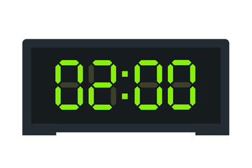 Vector flat illustration of a digital clock displaying 02.00 . Illustration of alarm with led digital number design. Clock icon for hour, watch, alarm signs.