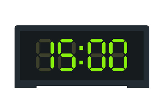 Vector flat illustration of a digital clock displaying 15.00 . Illustration of alarm with led digital number design. Clock icon for hour, watch, alarm signs.