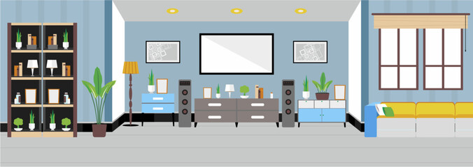 Living room interior comfortable sofa tv window chair and house plants flat cartoon vector illustration