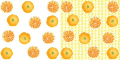 美味しそうなミカンのパターン素材／Tasty mandarin orange pattern material

水彩で表現したミカン柄の背景素材です。
Pngの素材は背景色を自由に変えていただけます。
ぜひご利用ください。