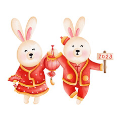 Cute bunny in Chinese traditional costume, Cheongsam dress, Chinese New Year element