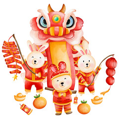 Cute bunny in Chinese traditional costume, Cheongsam dress, Chinese New Year element