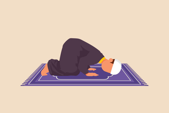Muslim man praying on sujud bow down gesture. Prayer movement concept. Flat vector illustrations isolated.