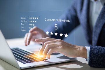 Consumers are doing surveys Satisfaction with services. Consumers write reviews of satisfaction with products or services..Consumers are using laptop to answer surveys..
