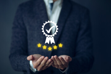 Businessman, entrepreneur, showing signs ISO standard of business and industry to certify the...