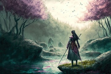 Fantasy warrior girl with a sword near a pond