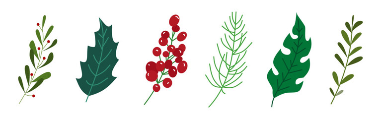 Fototapeta premium Set of winter leaf and berries illustration for design element. Vintage floral hand drawn ornament for Christmas design