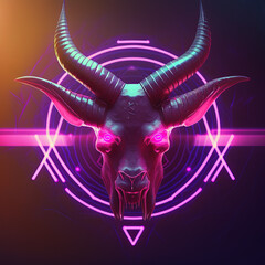 Futuristic Vaporwave Synthwave demonic satanic baphomet devil head with purple and pink neon lights design, 