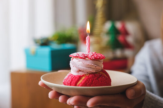 Closeup image of a woman holding birthday cake with candle, Christmas holiday decoration at home
