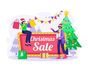 Obraz premium Christmas Sale Banner and Shopping concept Illustration with Happy people doing shopping at Christmas Sale. Vector illustration in flat style