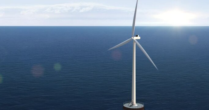 Single wind turbine generating clean energy in the ocean. Technology and energy related 3d concept animation.