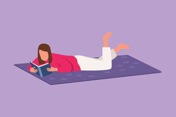 Obraz premium Cartoon flat style drawing young woman lying and reading books at home. Student studying and preparing for exam with textbooks. Beauty female reader with literature. Graphic design vector illustration