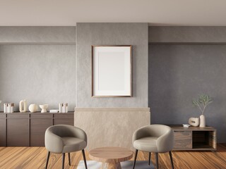 Interior poster mock up with vertical empty wooden frame on wall in living room. 3D rendering.