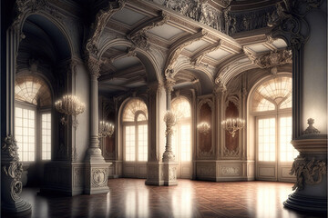 an empty glamorous rococo baroque ballroom - obrazy, fototapety, plakaty