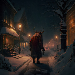 Krampus stalking snowy street at night
