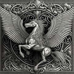 Pegasus statue gothic engraving illustration filigree background