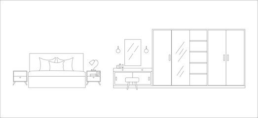 Bed room with dressing table and wardrobe on white background, vector illustration

