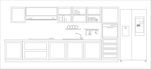 Kitchen set with refrigerator, oven, cabinet, vector illustration
