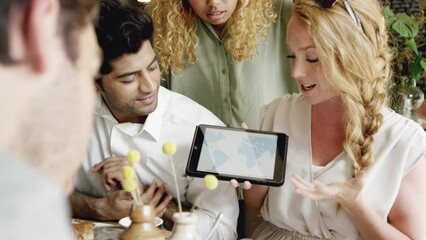 Planning, tablet and teamwork with business people in meeting with world map for global strategy and growth. Future, innovation and digital with employees in presentation for vision, goal and review