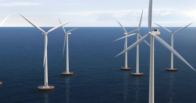 Wind turbine farm generating clean energy from the wind in the ocean. Technology and energy related 3d concept animation.