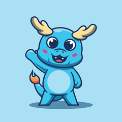 Blue cute baby dragon mascot waving illustration character