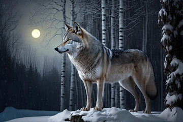 A gray wolf in a winter forest. Gray wolf in the winter forest at night. Moon in the background. Digital artwork