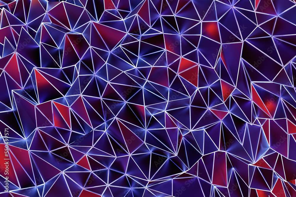 Poster 3d rendering. red and purple pattern of triangles of different shapes. minimalistic pattern of simpl