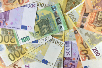 Obraz premium Euro banknotes, flat lay top view. Close-up