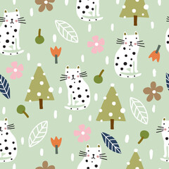 Christmas seamless pattern with cat, christmas tree, flowers, tulips, berries, leaves and snow on a green background.