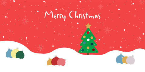 Banner with inscription Merry Cristmas. Winter landscape red background with snowflaces, christmas tree and toys