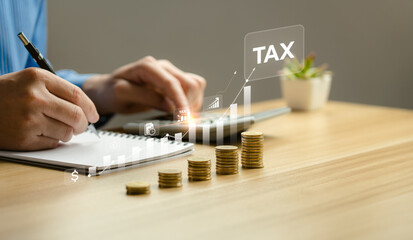 Businessman calculating personal income tax list. Tax deduction planning concept. Expenses,...