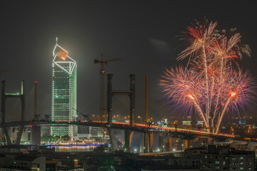 Fototapeta na wymiar Bangkok's famous landmarks are illuminated and there are beautiful fireworks.